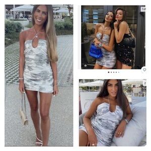 ZARA BLOGGER. FAVORITE Metallic Silver Floral Halter Neck Gathered Mini Dress M